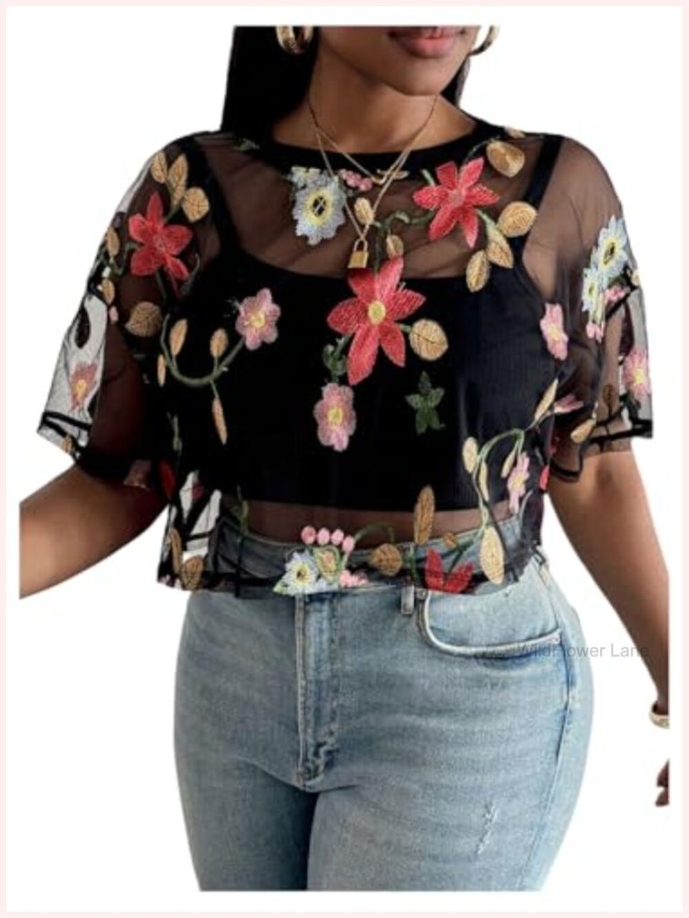 Sheer Mesh Floral Embroidered Crop Top Boho Summer Blouse Plus Size